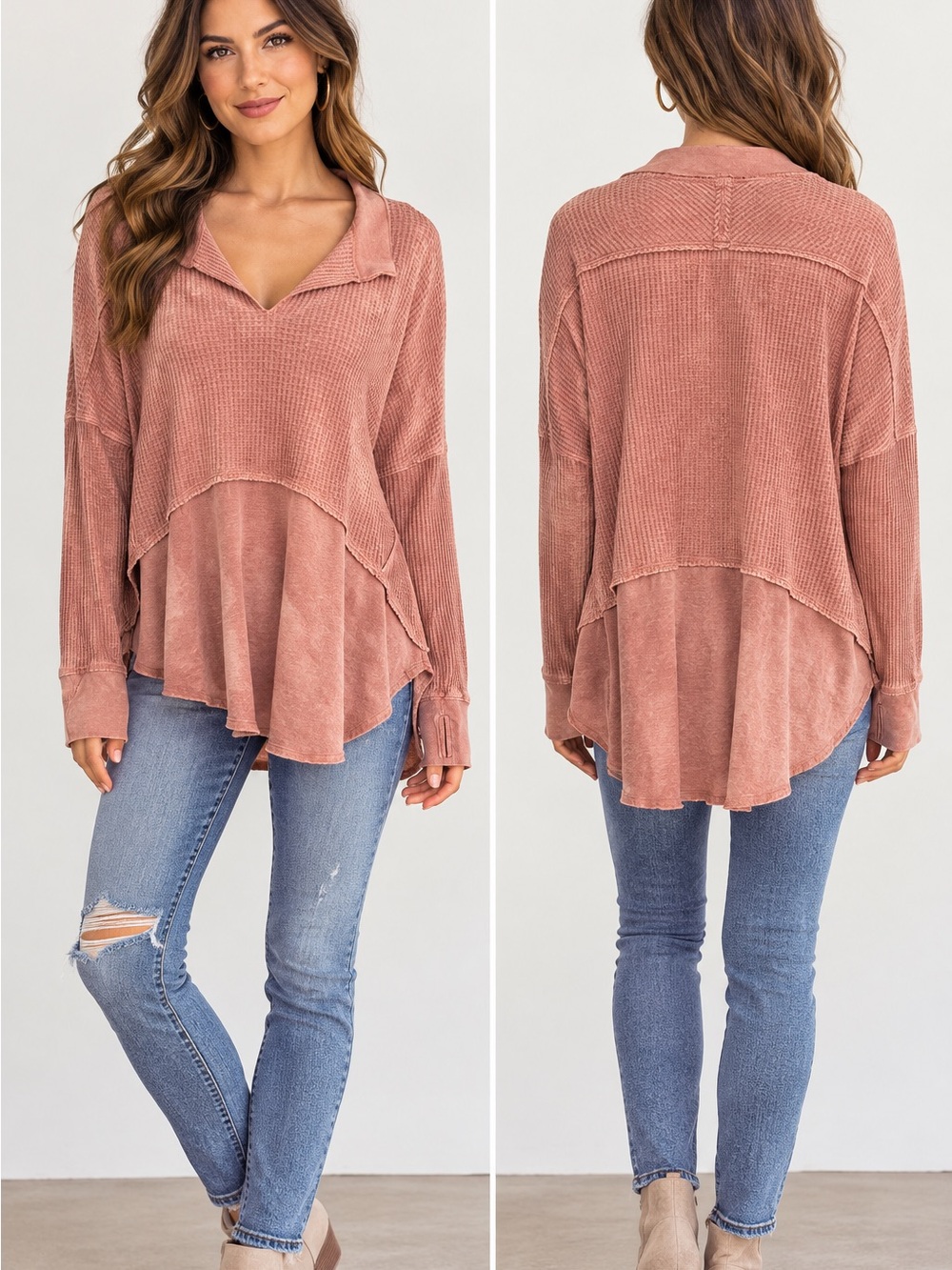 Free People Relaxed V-Neck Washed Rose Pullover Top + A GIFT 🎁